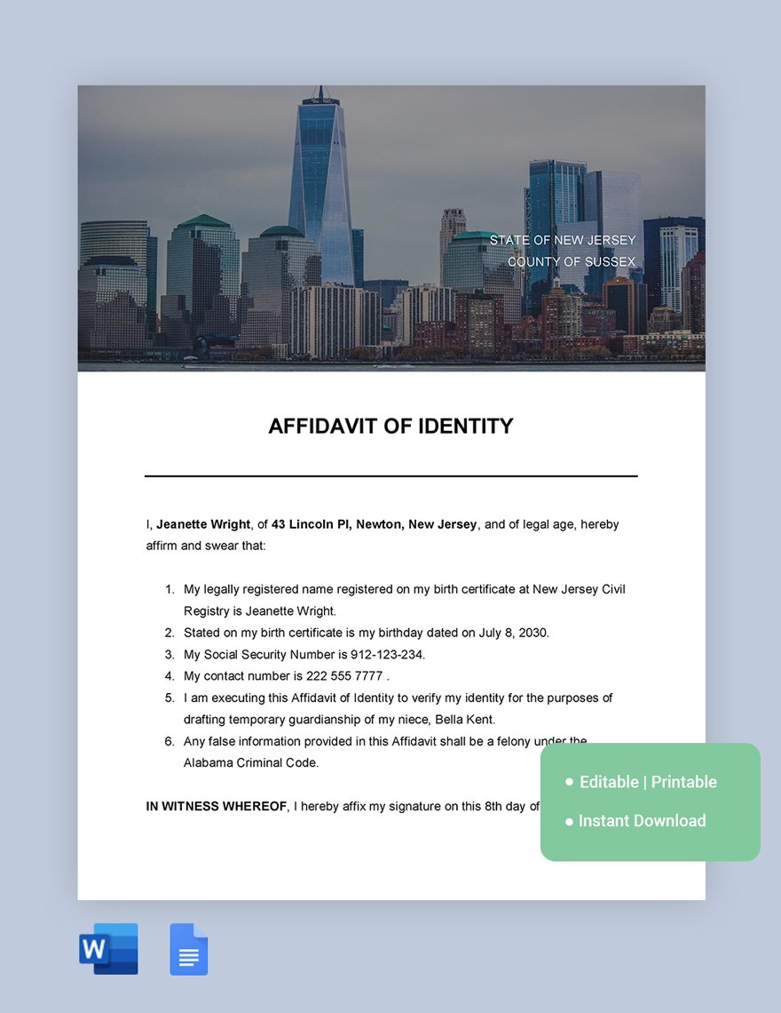 New Jersey Affidavit Of Identity Template in Word, Google Docs