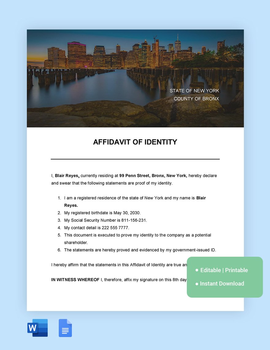 New York Affidavit Of Identity Template in Word, Google Docs
