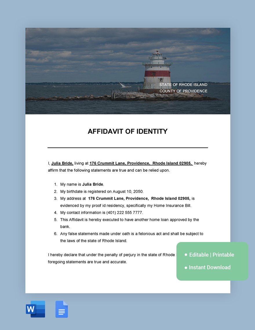 Rhode Island Affidavit Of Identity Template in Word, Google Docs