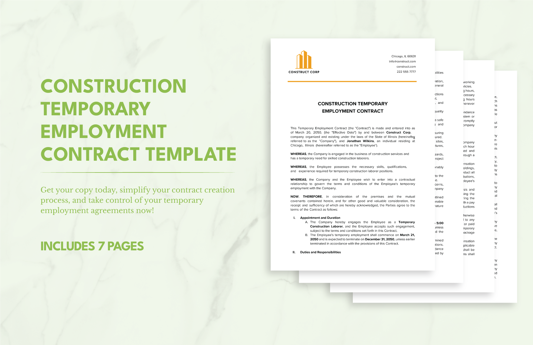 Construction Temporary Employment Contract Template