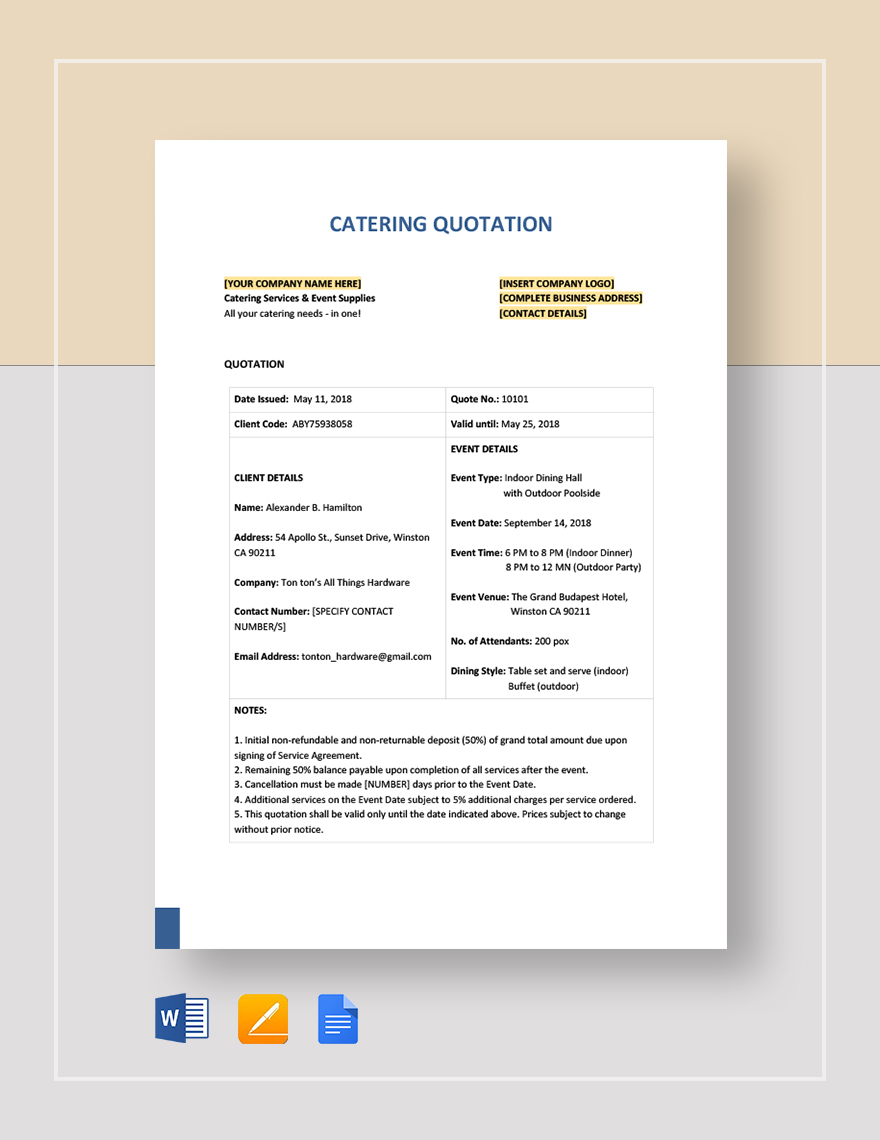 Catering Quotation Template Google Docs Google Sheets Word Apple 