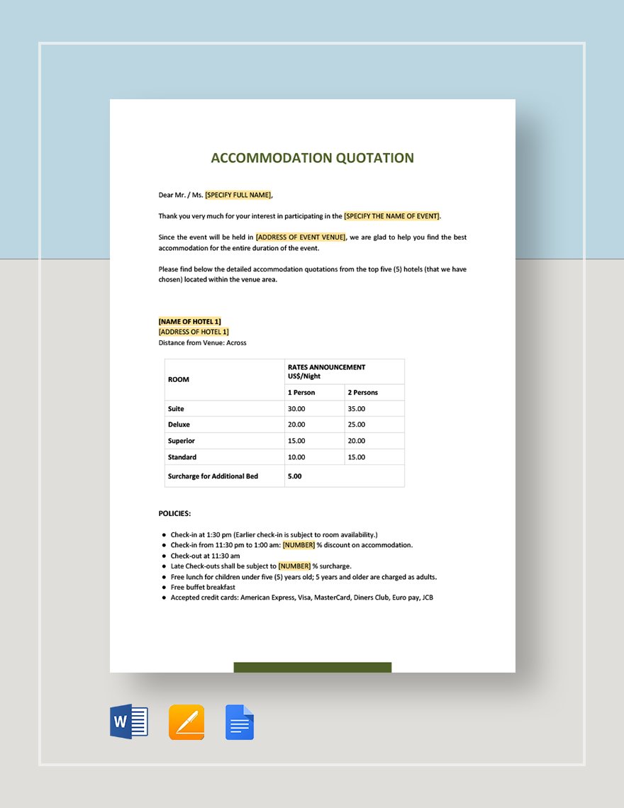 Accommodation Quotation Template