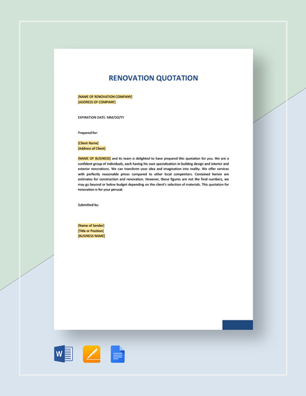 Renovation Quotation Template Google Docs Word Apple Pages