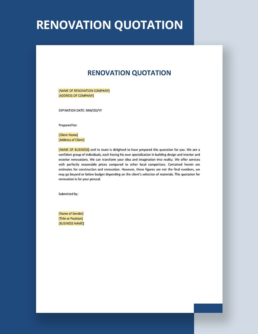 Renovation Quotation Template in Word, Google Docs, Apple Pages