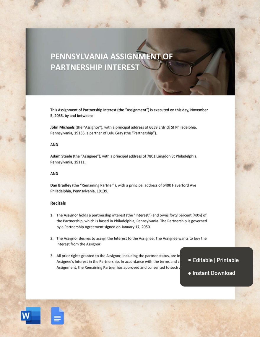 Pennsylvania Assignment Of Partnership Interest Template