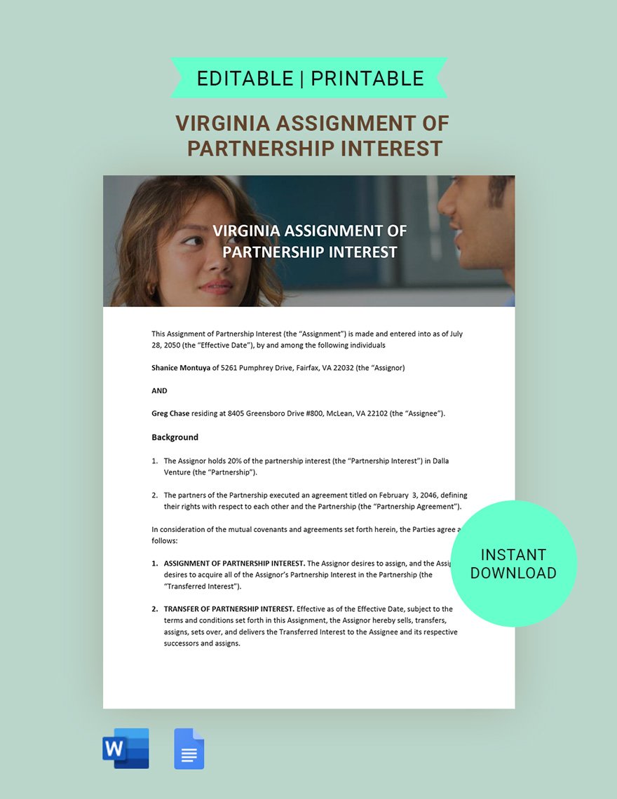 Virginia Assignment Of Partnership Interest Template in Word, Google Docs, Apple Pages