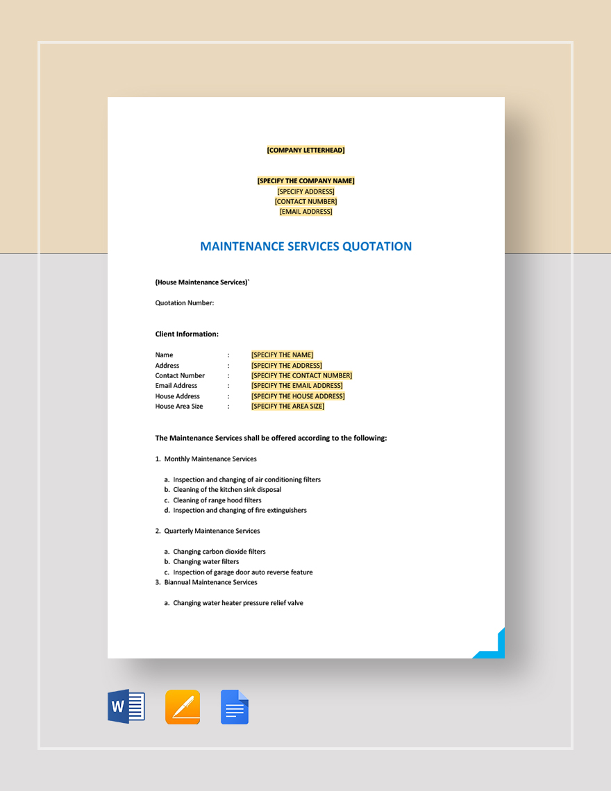 Maintenance Quotation Template - Google Docs, Google Sheets, Word ...