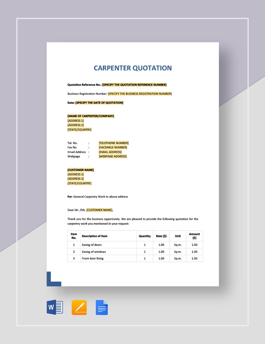 Carpenter Quotation Template in Word, Google Docs, Apple Pages