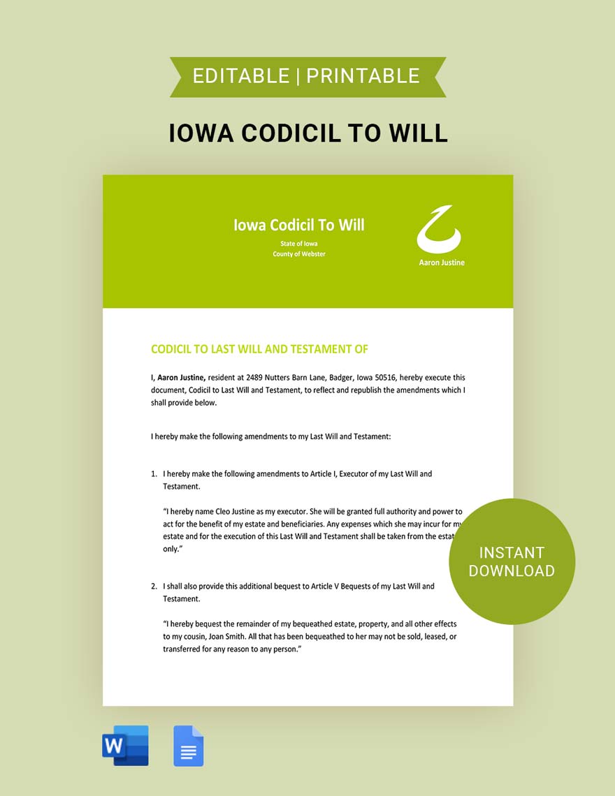 Iowa Codicil To Will Template