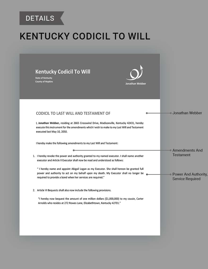 Kentucky Codicil To Will Template Download in Word, Google Docs