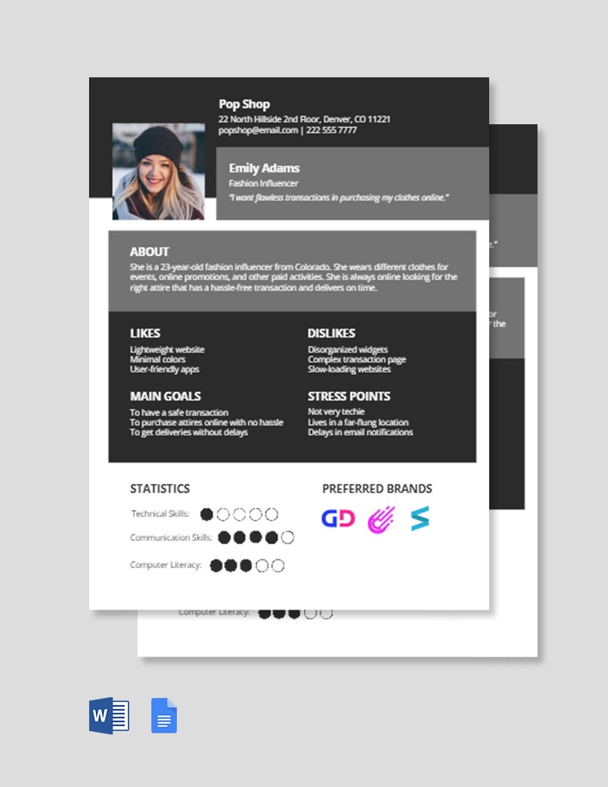 Ecommerce User Persona Template in Word, Google Docs