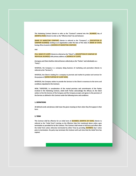 Sample Marketing Contract Template - Google Docs, Word | Template.net