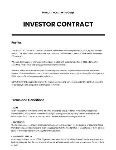 34  Investor Contract Word Templates Free Downloads Template net