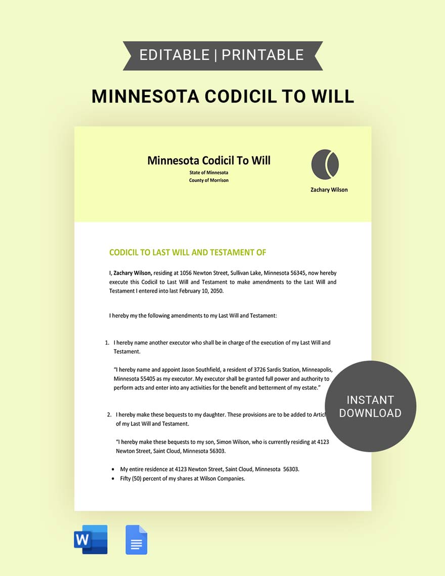 Minnesota Codicil To Will Template
