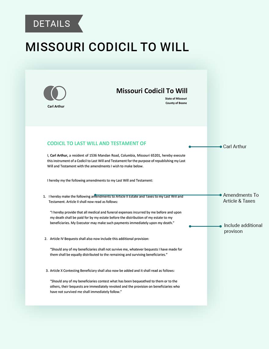 Missouri Codicil To Will Template