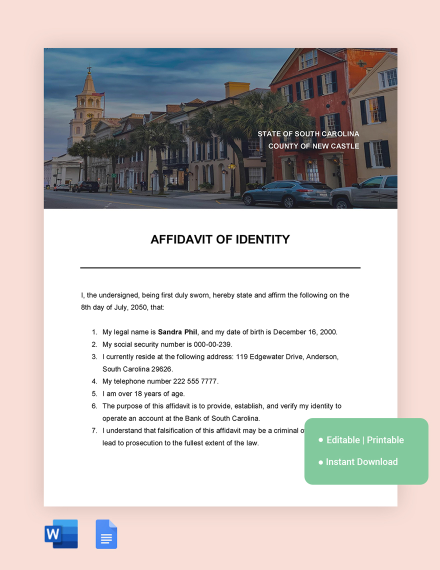 South Carolina Affidavit Of Identity Template Download In Word 