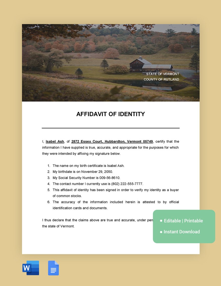 Vermont Affidavit Of Identity Template in Word, Google Docs