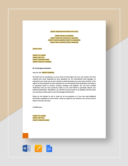 Travel Agency Quotation Template Word Doc Google Docs