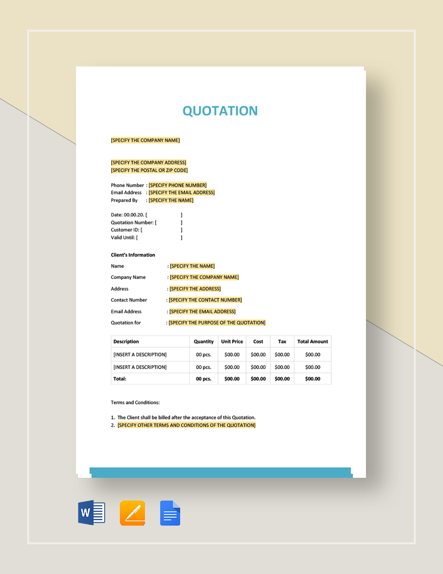 Basic Quotation Template in Pages, Word, Google Docs - Download | Template.net