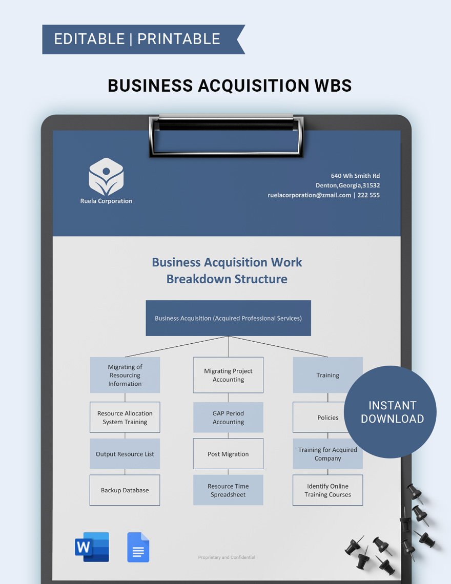 Business Acquisition WBS Template in Word, Google Docs