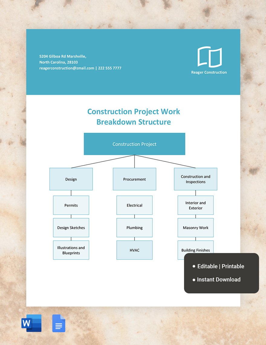 Construction Project WBS Template in Word, Google Docs