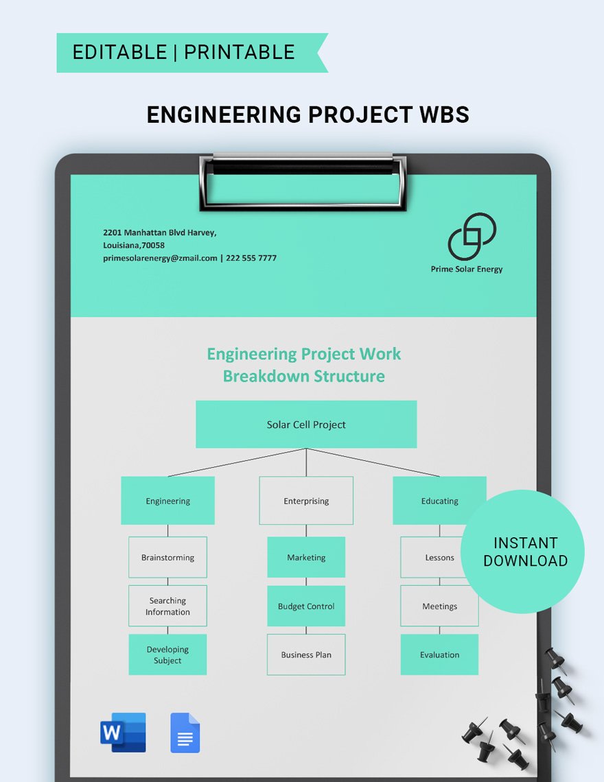 Engineering Project WBS Template in Word, Google Docs