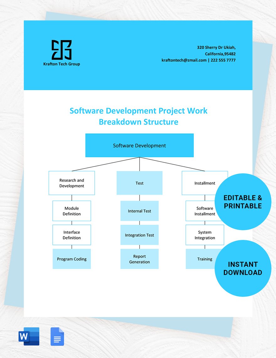 Software Development Project WBS Template in Word, Google Docs
