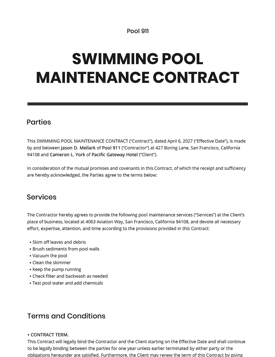 Swimming Pool Maintenance Contract Template