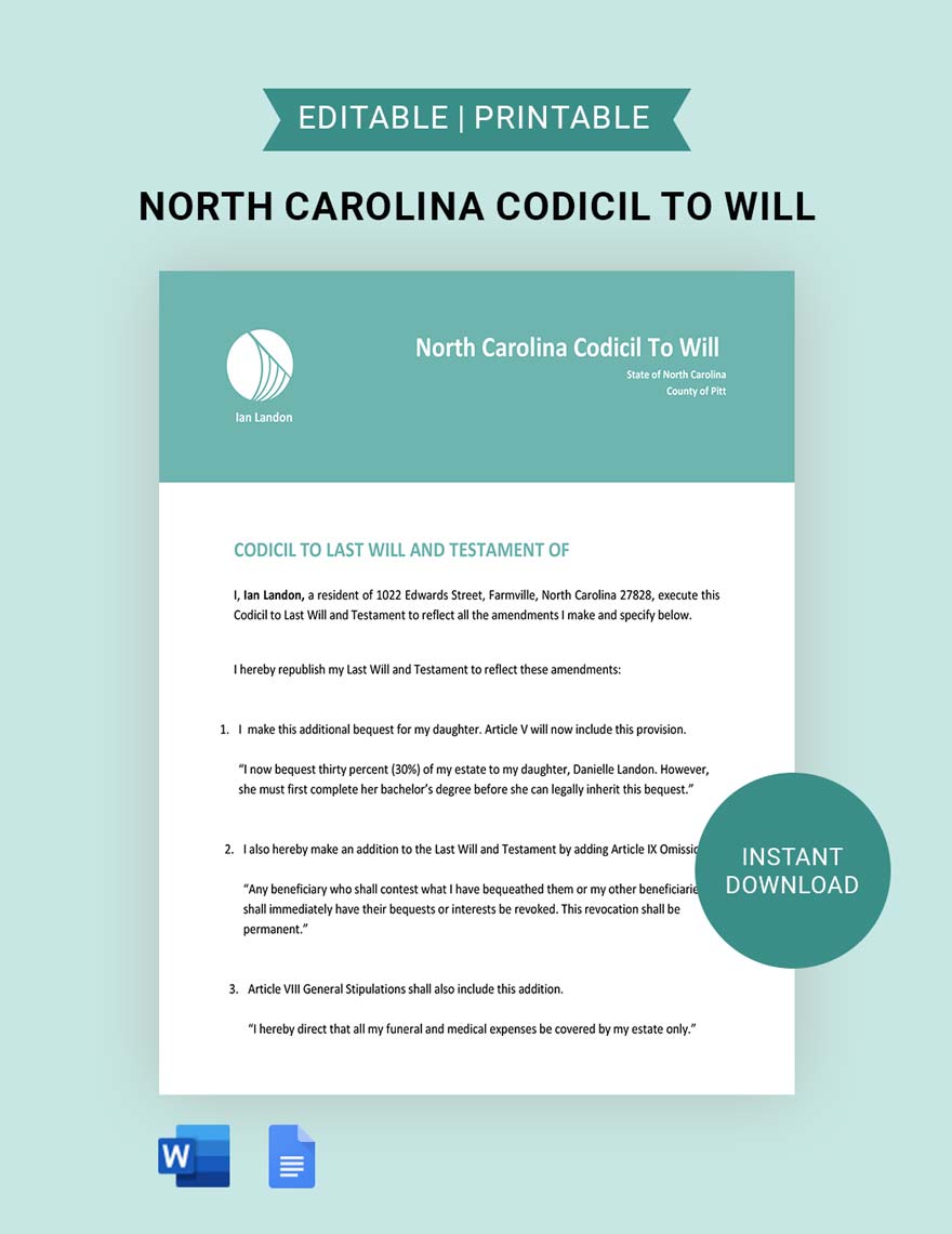 North Carolina Codicil To Will Template