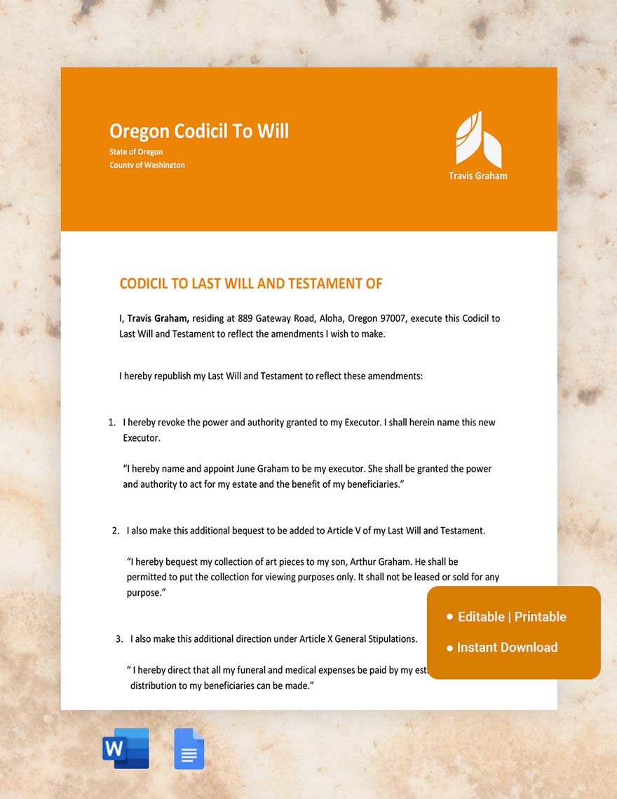 Oregon Codicil To Will Template