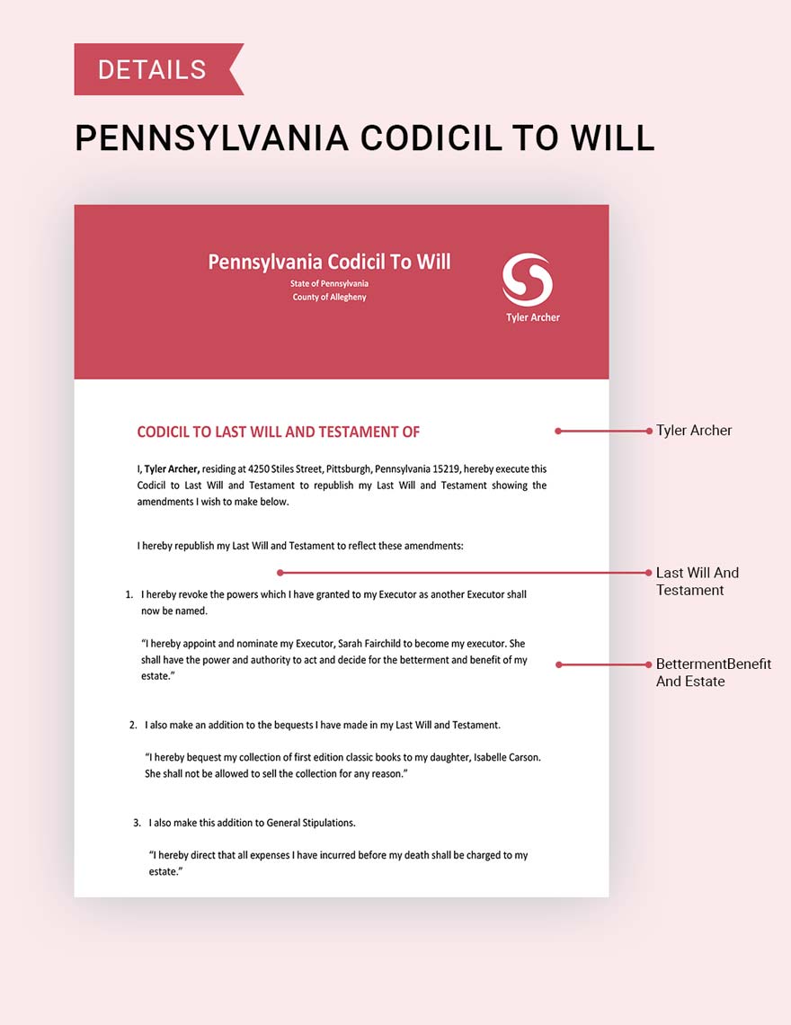 Pennsylvania Codicil To Will Template