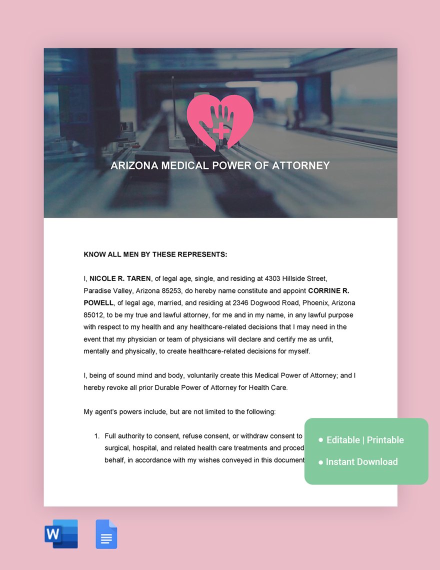 Arizona Medical Power Of Attorney Template