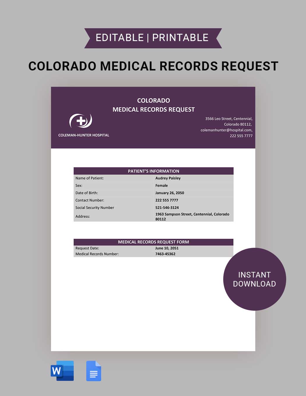 Colorado Medical Records Request Template in Word, Google Docs