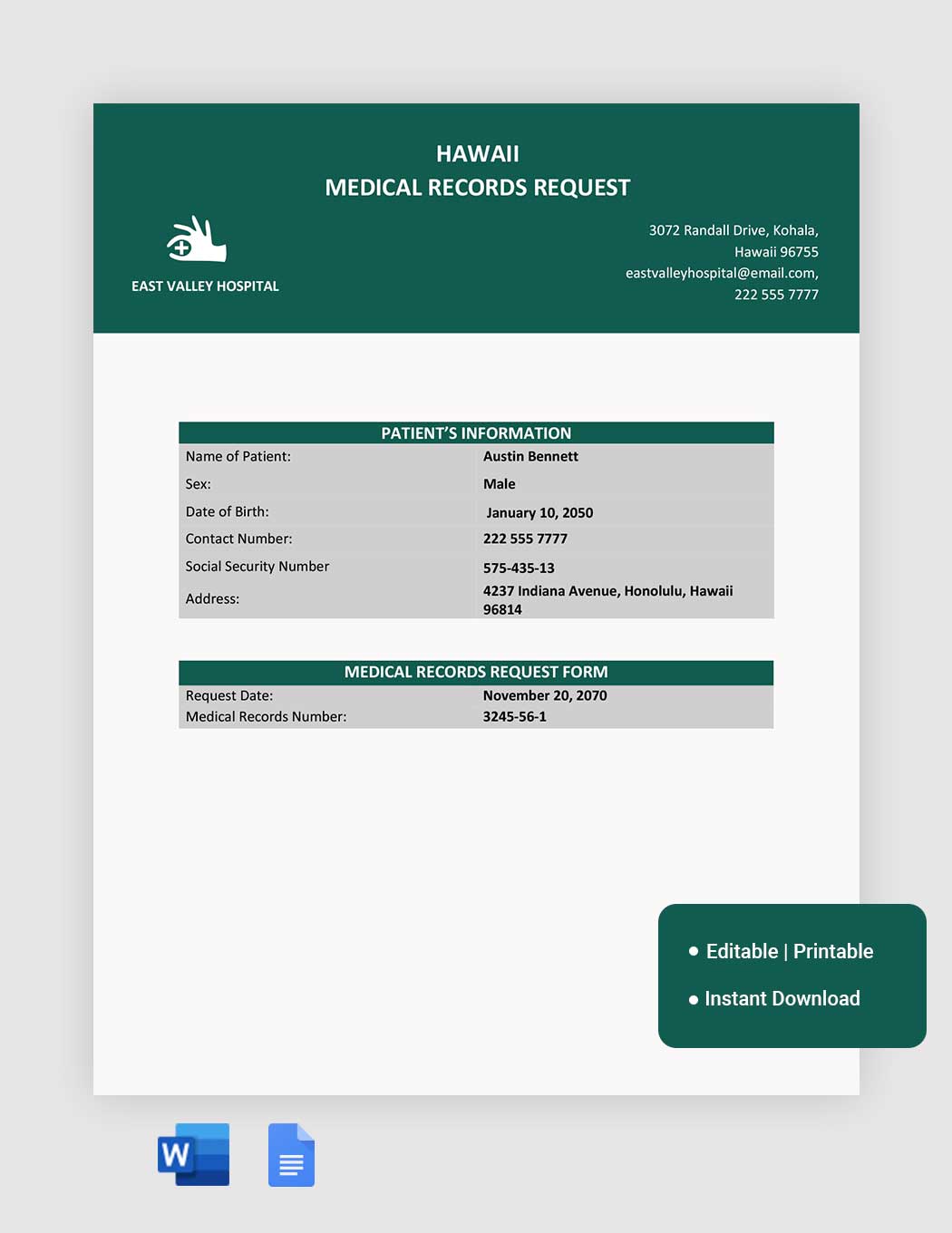 Hawaii Medical Records Request Template in Word, Google Docs