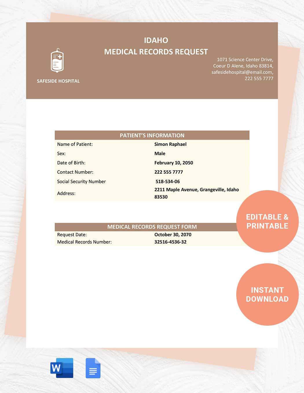 Idaho Medical Records Request Template in Word, Google Docs