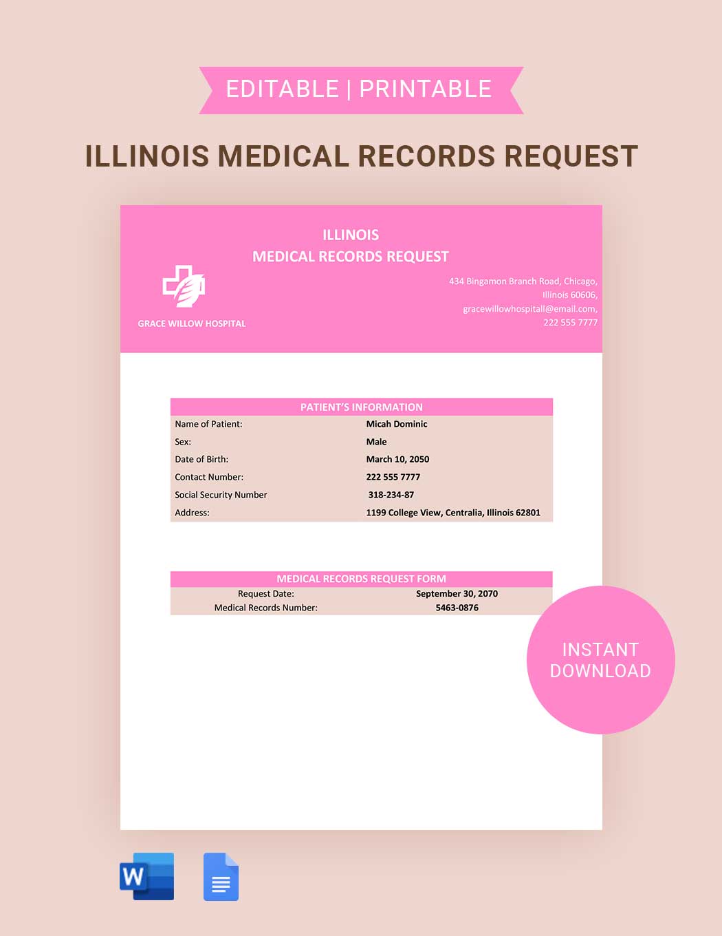 Illinois Medical Records Request Template in Word, Google Docs