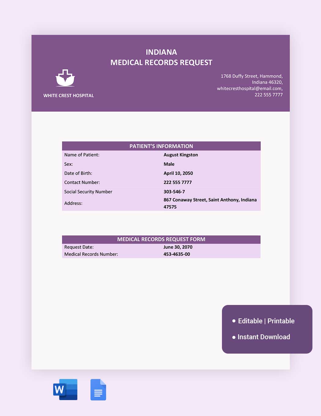 Indiana Medical Records Request Template in Word, Google Docs