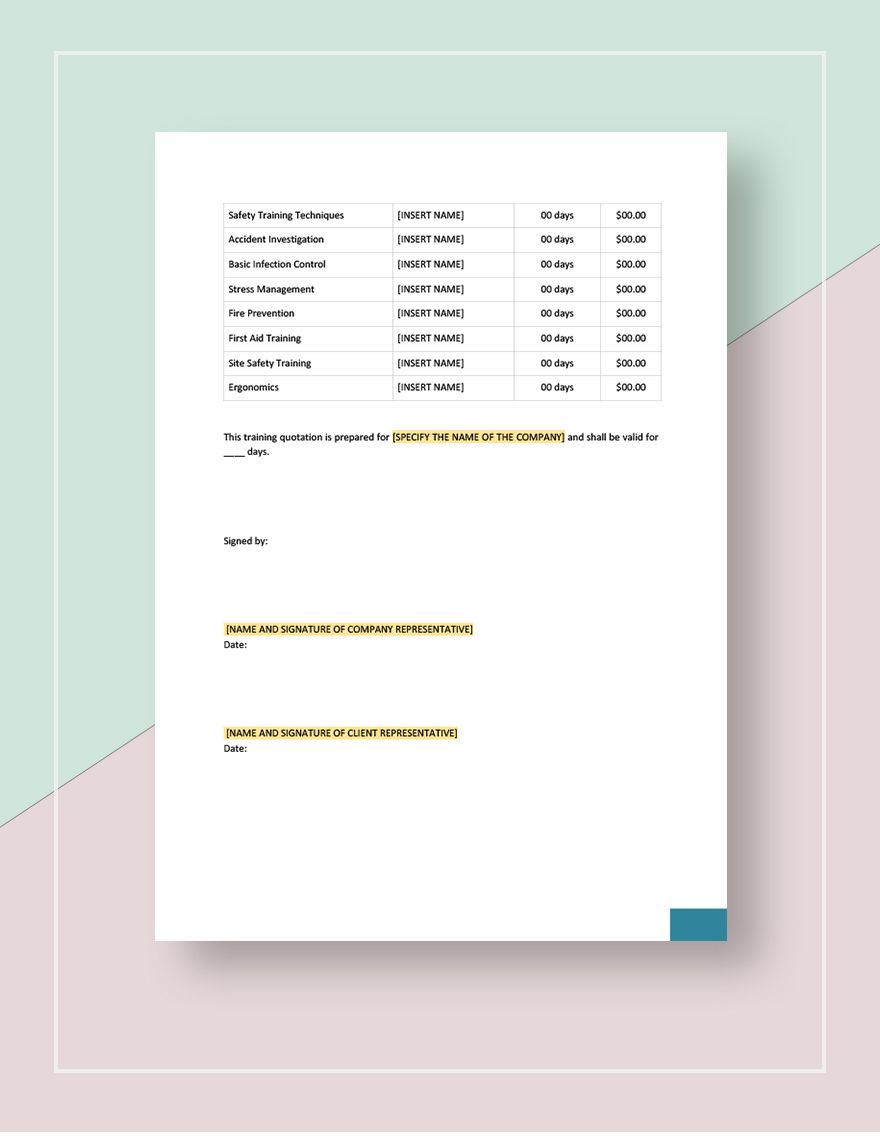 Training Quotation Template - Google Docs, Google Sheets, Word, Apple ...