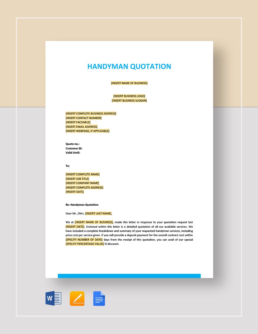 Handyman Quotation Template in Word, Google Docs, Apple Pages
