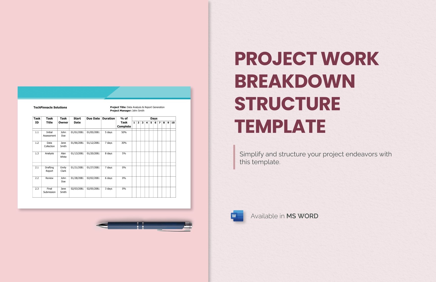 Project Work Breakdown Structure Template in Word