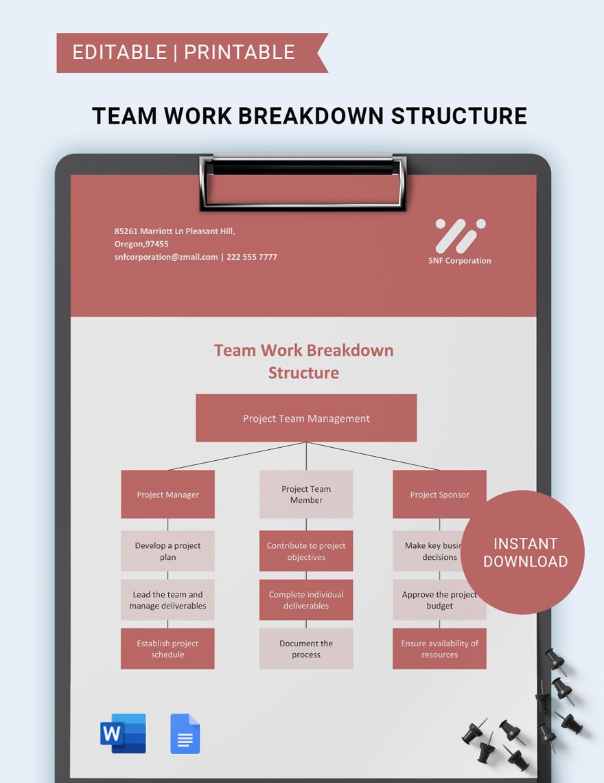 Team Work Breakdown Structure Template in Word, Google Docs
