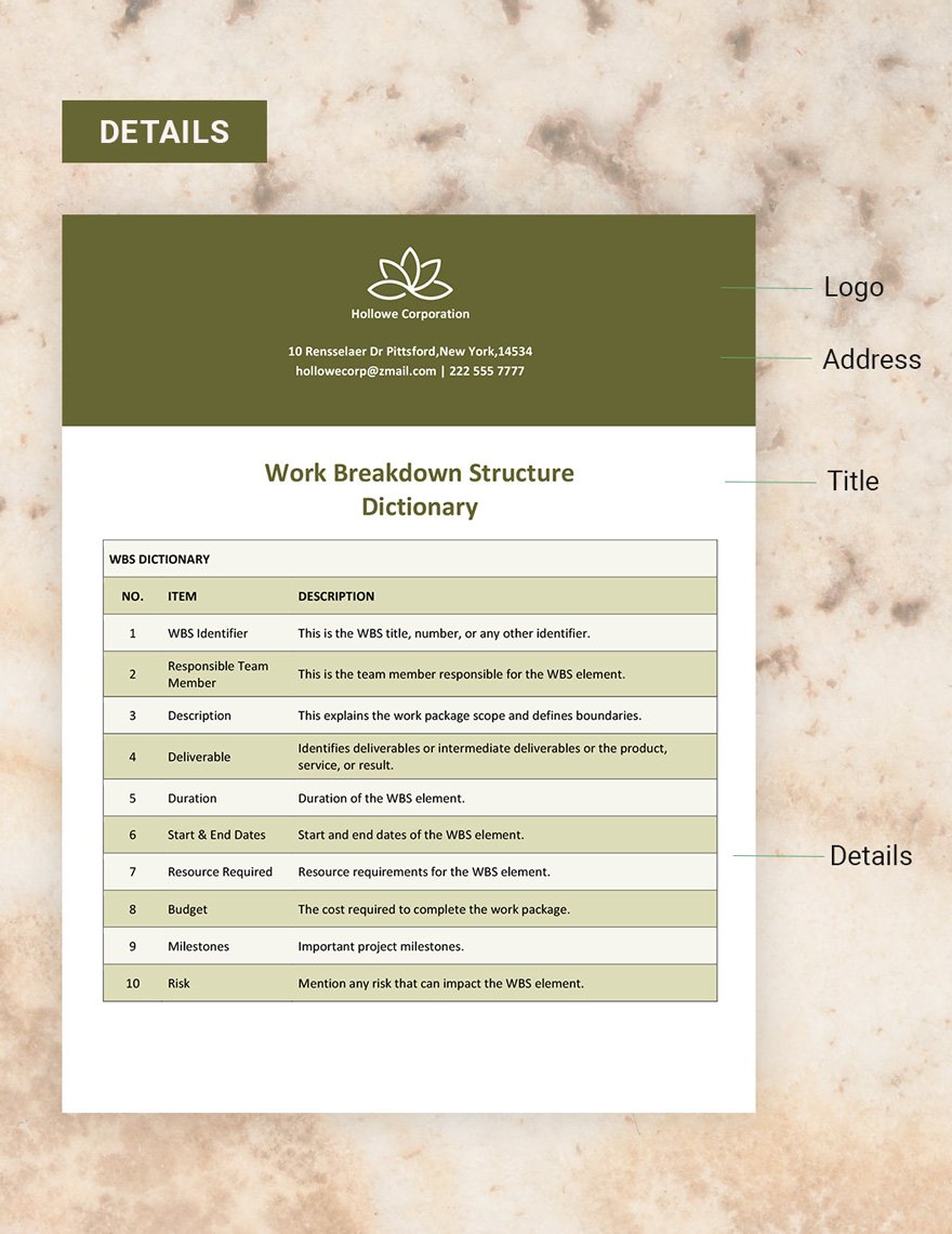 Work Breakdown Structure (WBS) Dictionary Template