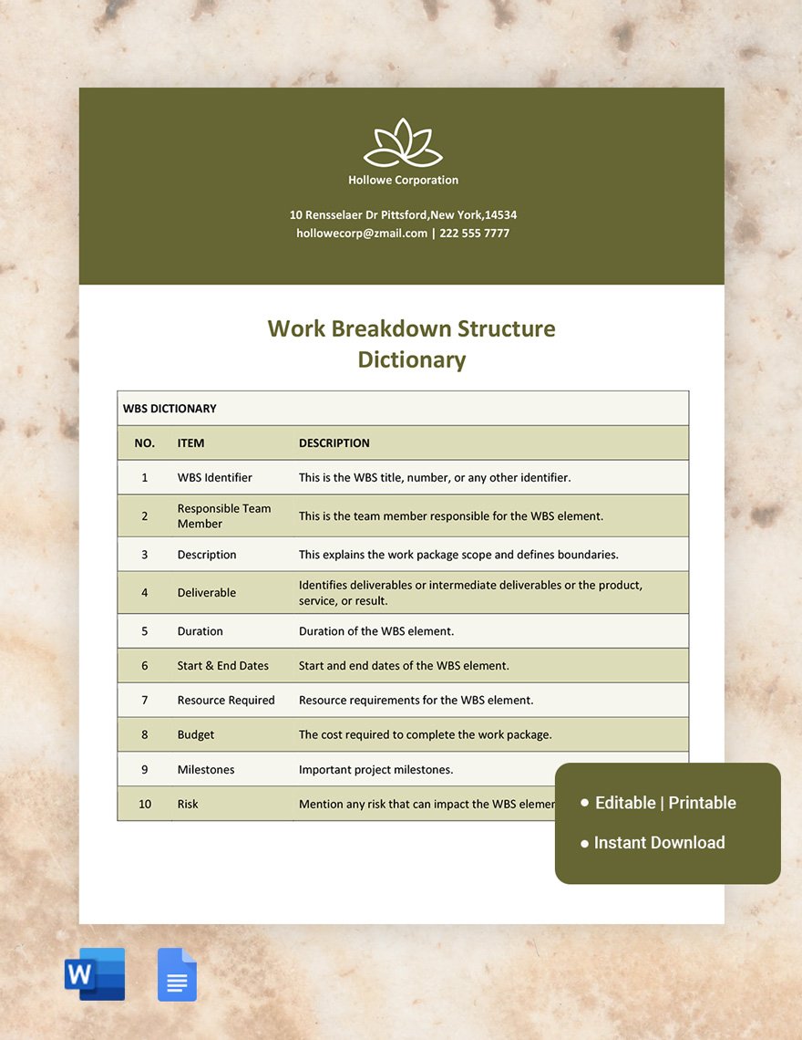 Free Work Breakdown Structure (WBS) Dictionary Template