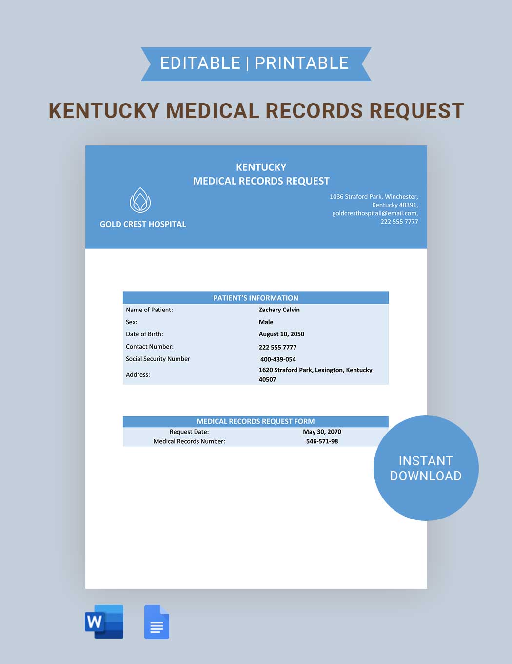 Kentucky Medical Records Request Template in Word, Google Docs