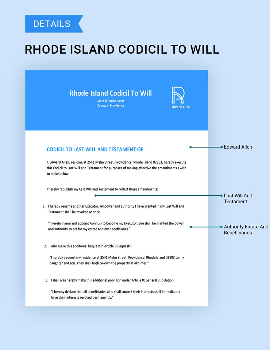 Rhode Island Codicil To Will Template