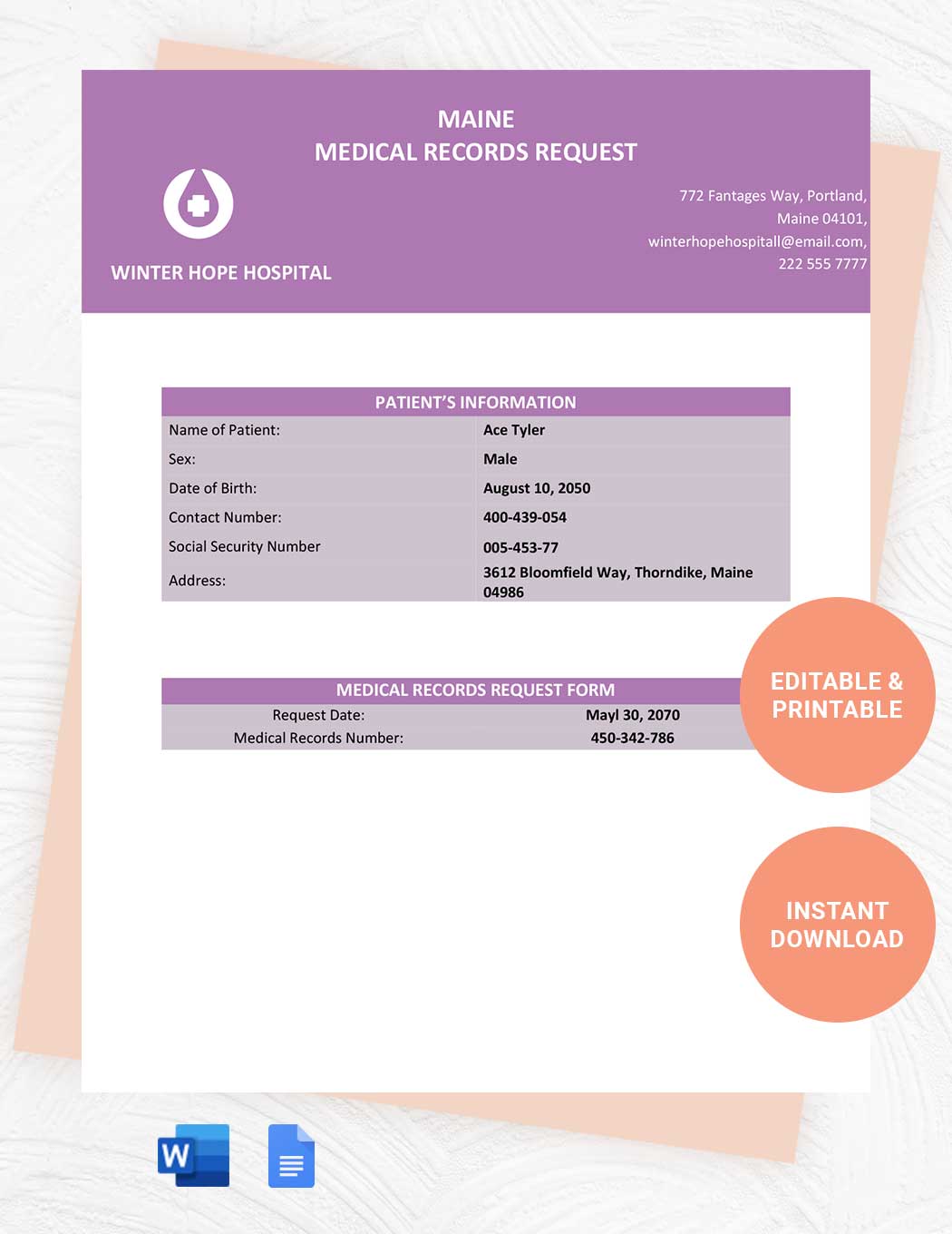 Maine Medical Records Request Template in Word, Google Docs