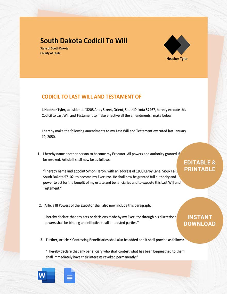 South Dakota Codicil To Will Template