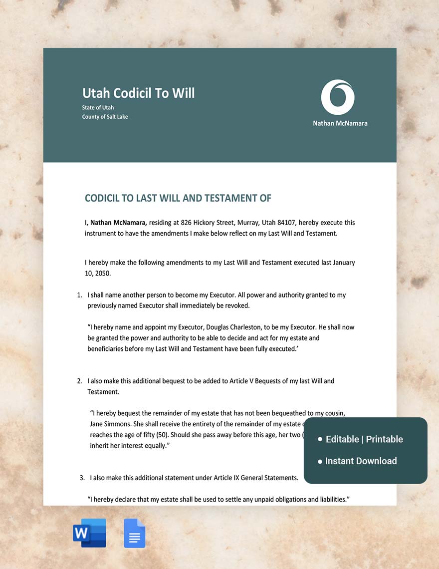 Utah Codicil To Will Template