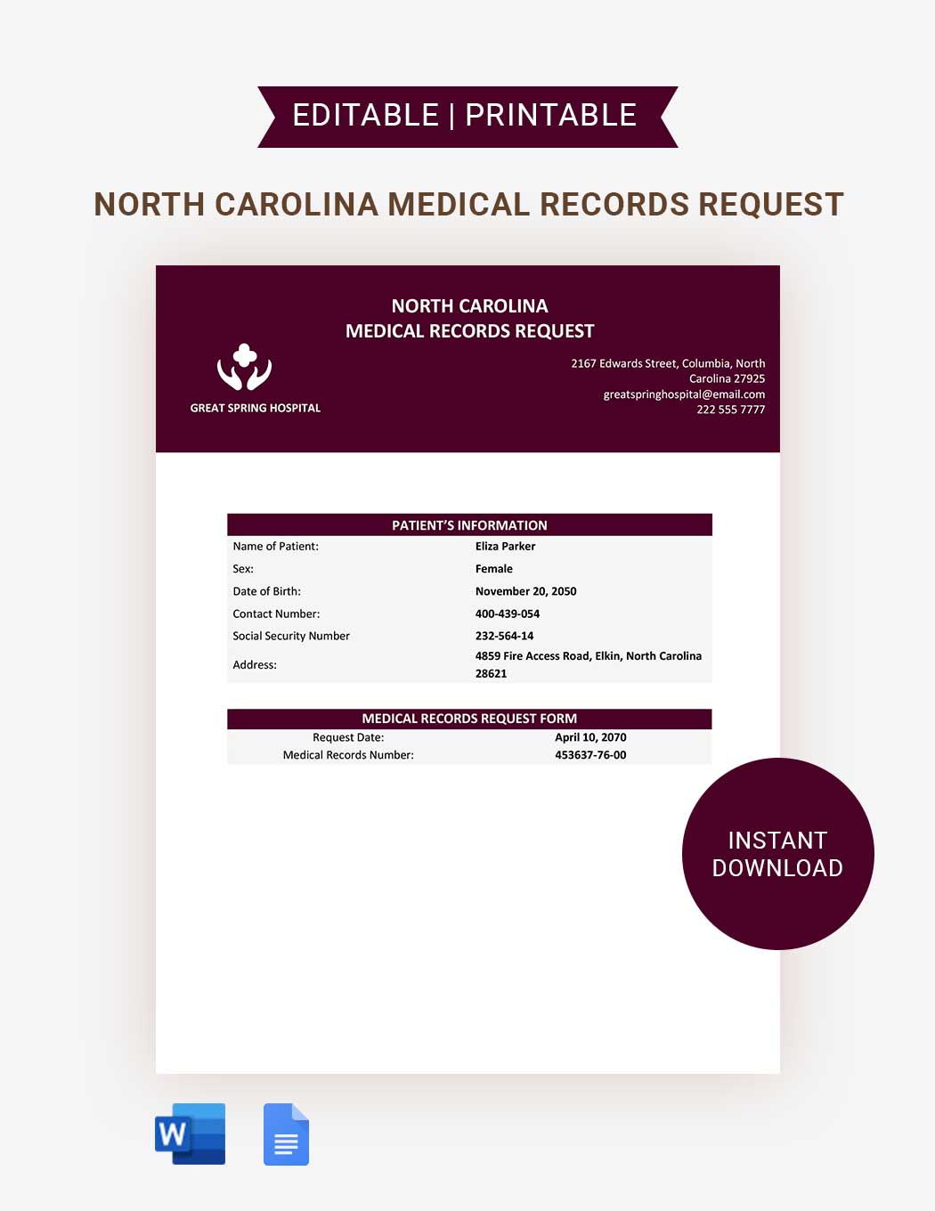 North Carolina Medical Records Request Template in Word, Google Docs