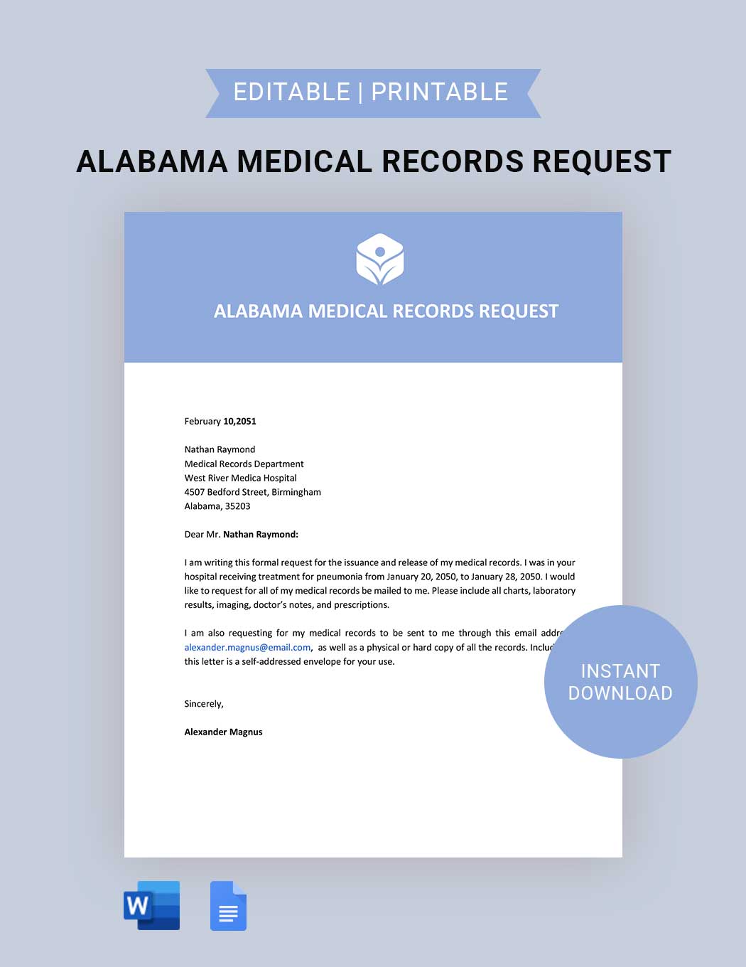 Alabama Medical Records Request Template in Word, Google Docs